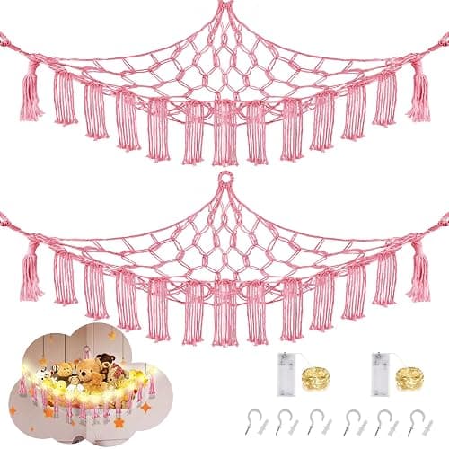 CERETIA Stuffed Animal Hammock with LED Light, Large Stuffed Animals Storage Corner Plushie Net for Kids Room Decor, 2 Packs Pink - Image 1