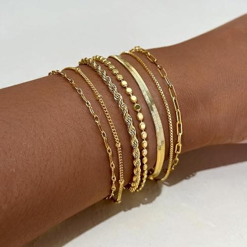 Amicon Gold Bracelets for Women,Dainty 14K Gold Plated Stack Set Trendy Stackable non tarnish Paperclip Chain Bracelets Gold Jewelry Sets Gifts for Women thumbnail 4