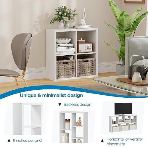 4 Cube Storage Organizer, 2x2 Cube Bookshelf, Cubby Storage Shelf, Wooden Organizer Shelf with Thickened Boards, for Closet Bedroom Home Office Living Room, 25.12" L x 9.37" W x 25.12" H, White thumbnail 7