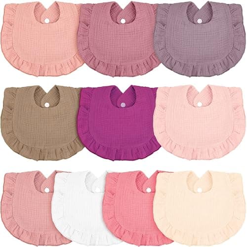 Seematn 10 Pcs Baby Muslin Bibs Drool Bibs Bandana Ruffle Soft Cotton for Newborn Baby Infants Girl Teething Toddlers Boy(Retro Colors) - Image 1