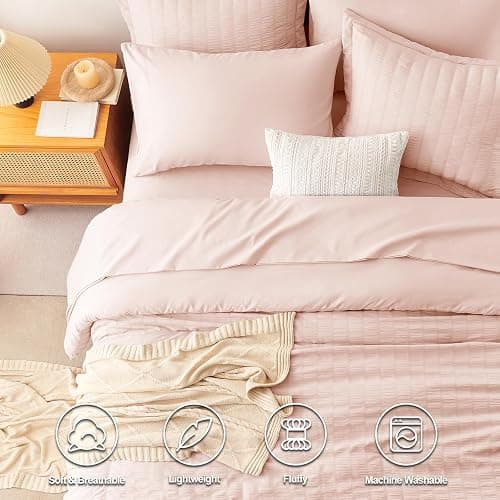 CozyLux King Size Comforter Set Blush Pink Seersucker 7 Pieces Bed in a Bag King Comforter Set with Sheets, Luxury Bedding Set with Down Alternative Comforter, Sheets, Pillowcases & Shams All Seasons thumbnail 2