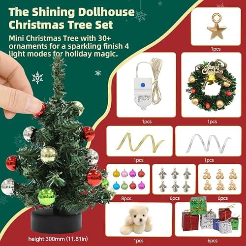 iLAND Dollhouse Accessories Mini Christmas Tree with Lights 6 inch Dollhouse Christmas Decorations Cute Xmas Tree Doll House Miniature Decor 1/12 Scale Accessories for Doll House Furniture Lovely Gift thumbnail 3