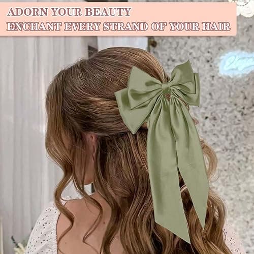 STGDAK Hair Bow Clips Elegant Bows Sage Green Bows Satin Ribbon Bow Large Bowknot Barrette Metal Clips St. Patrick's Day Hair Accessories For Women Girls Mardi Gras thumbnail 2
