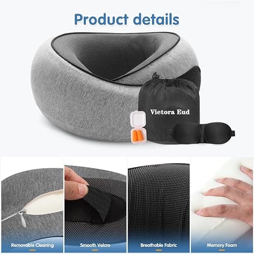 Ergonomic Travel Neck Pillow with Memory Foam Support – Comfortable Airplane Pillow for Adults, Portable Neck Cushion for Car, Office and Long Flights with Eye Mask, Earplug Holder and Carry Bag thumbnail 6