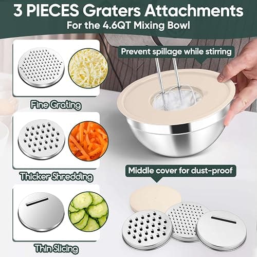 Herogo 5-Piece Mixing Bowls with Lids, 3 Grater Attachments, Stainless Steel Salad Bowls for Kitchen, Size 4.6, 3.5, 2.5, 2, 1.5QT Ideal for Baking, Prepping, Mixing and Serving, Khaki thumbnail 6