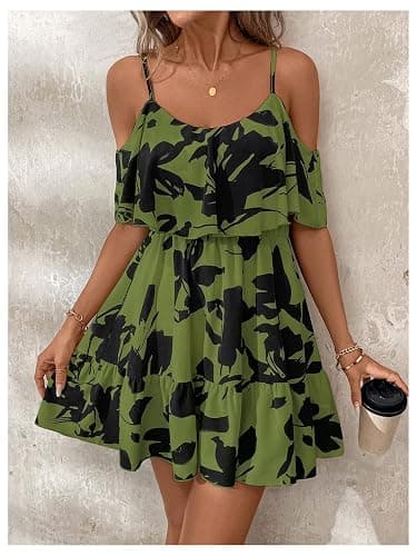 SOLY HUX Women's Boho Floral Print Cold Shoulder Dress Short Sleeve Ruffle A Line Vacation Elegant Mini Dresses thumbnail 4