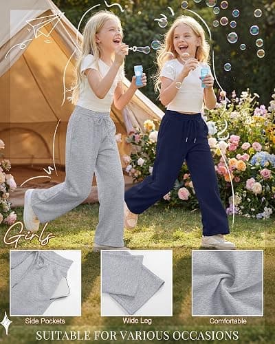 LessonZoo Teen Girls Sweatpants Wide Leg Drawstring Lounge Pants Straight Leg Athletic Trousers with Pockets Size 5-14 thumbnail 5