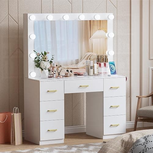 FURNJOYLIFE White Makeup Vanity Desk with Lighted Mirror & Power Outlet,3 Color Modes, Brightness Adjustable,Vanity Table with Drawer,Sliding 2 Storage Wall-Mounted Jewelry thumbnail 3