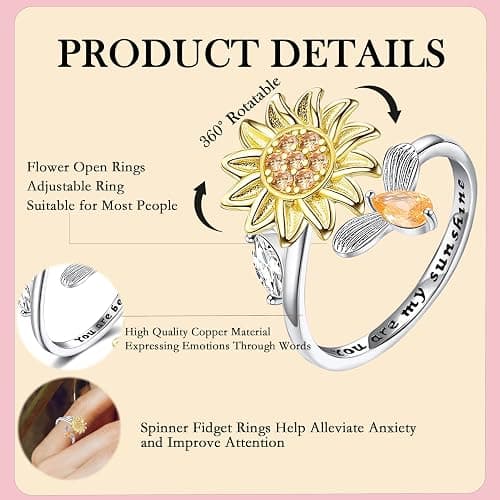 Honsny Fidget Rings for Women, Spinner Fidget Ring Set, Sunflower Butterfly Bee Star Moon Relief Spinning Rings for Adults thumbnail 6