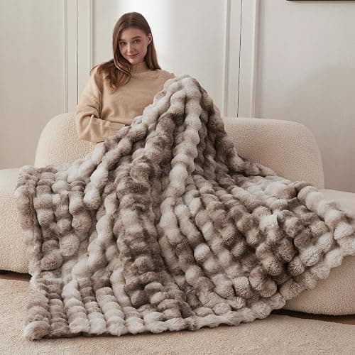 COOVA Faux Fur Throw Blanket for Couch, Cozy Soft and Fuzzy Plush Rabbit Fur Bubble Blanket for Sofa Bedroom Living Room, 50x60 Inches Tie Dye Brown thumbnail 2