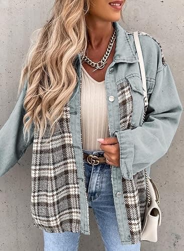 SHEWIN Womens Oversized Denim Jacket Casual Long Sleeve Button Down Plaid Shacket Boyfriend Jean Jacket With Pockets thumbnail 4