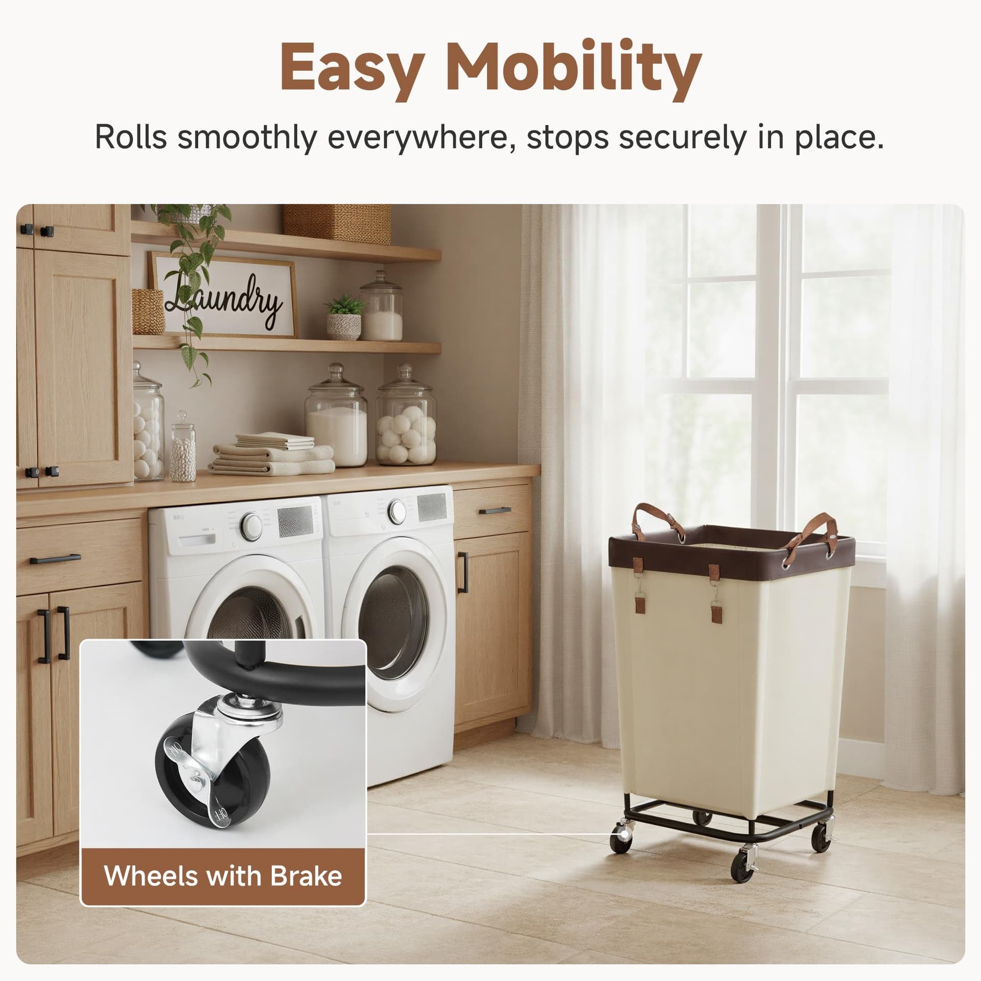 StorageWorks 160L Laundry Basket with Wheels, Large Rolling Hampers for Clothing Organizer, Dirty Clothes Basket for Hotel, Home, Closet, Dorm, Beige thumbnail 4