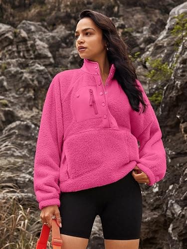 Nirovien Womens Fleece Pullover Long Sleeve Sherpa Jacket Button Down Fuzzy Sweatshirt Warm Outwear with Pockets thumbnail 3