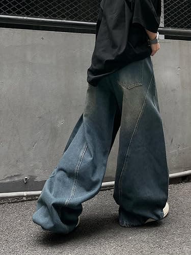 DFGIGT Men's Vintage Baggy Barrel Wide Leg Jeans Structured Stitching Loose Fit Retro Casual Streetwear Denim Pants thumbnail 5