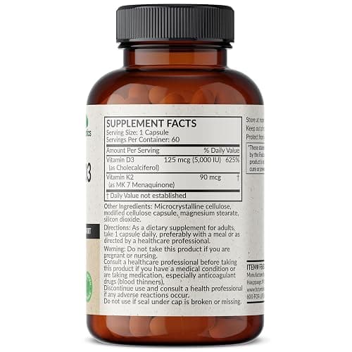 Futurebiotics Vitamin K2 (MK7) with D3 Supplement - Non-GMO Formula - 5000 IU Vitamin D3 & 90 mcg Vitamin K2 MK-7, 60 Vegetarian Capsules thumbnail 2