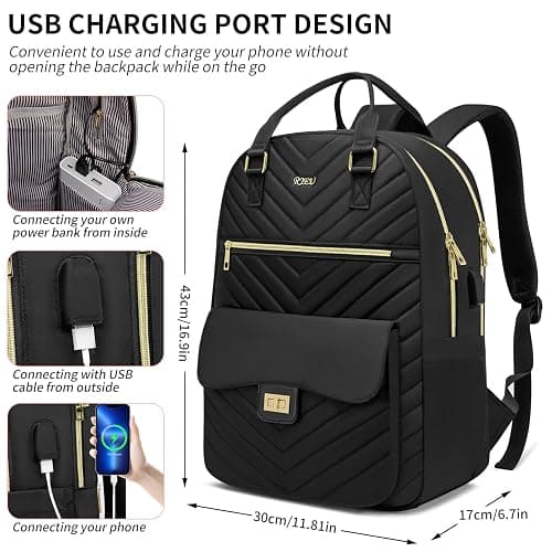 RJEU School Backpack Aesthetic for Teen Girls,Laptop Bag Bookbag with USB Port for Women College Student,Mochilas de Mujer,Black thumbnail 3