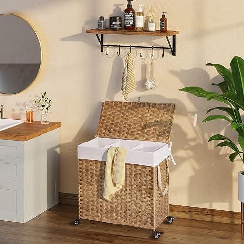 Greenstell Laundry Hamper with Wheels&Lid, 130L Large 3 Sections Clothes Hamper with 2 Types Removable Liner Bags, 5 Mesh Laundry Bags, Handwoven Divided Laundry Basket for Clothes, Natural - Natural - 130L: 25.6x13.0x25.7 Inches thumbnail 2