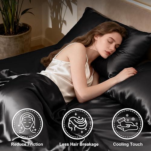 Love's cabin Satin King Sheet Sets - 4 Piece Black Silky Sheets King Size Bed Set with Deep Pocket, Luxury Silk Feel King Size Satin Sheet Set (1 Flat Sheet,1 Fitted Sheet,2 Pillow Cases) thumbnail 3