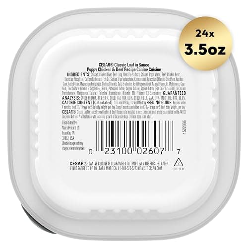 Cesar Puppy Classic Loaf in Sauce Wet Dog Food, Chicken & Beef Recipe, 3.5 oz. Easy Peel Trays, Dog Food Toppers, 24 Count (Pack of 1) thumbnail 9