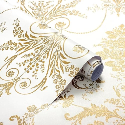 EchoSphere 17.3" X 118" Damask Floral Peel and Stick Wallpaper Boho Gold Flower Contact Paper Gold and White Damascus Wallpaper Removable Self Adhesive Decorative Wall Paper for Bedroom Vinyl Roll - Image 1