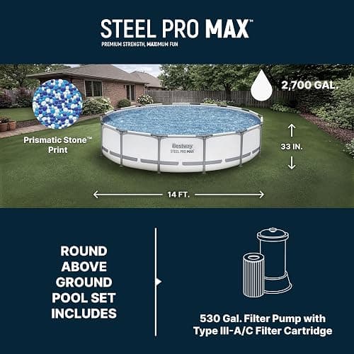 Bestway Steel Pro MAX 14' x 33" Round Above Ground Pool Set with Pump | Metal Frame Pool, Corrosion-Resistant Steel, Puncture-Resistant Liner, Filter Pump, No-Tool Setup, Quick-Click Connectors thumbnail 3