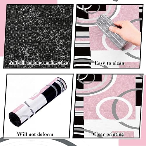 Maasechs 3 Pcs Pink and Black Kitchen Rug and Mat Set Geometric Floor Mat | Non Slip Washable, Modern Abstract Runner Rug, Minimalist Kitchen Decor Accessories for Home Office Bathroom, 17"x29"+17"x47" thumbnail 6
