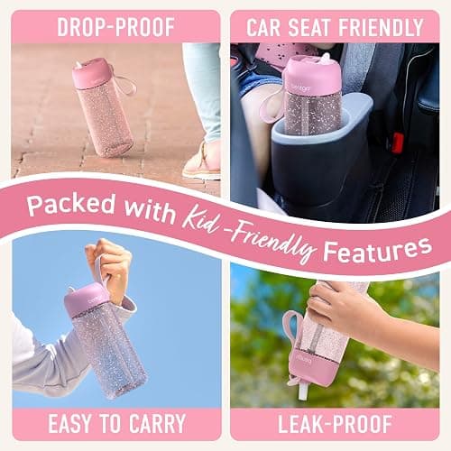 Bentgo Kids Water Bottle - Leak-Proof, Durable Tritan, BPA-Free 15 oz. Cup for Kids/Toddlers Ages 3+, Bite & Sip Spout, Carrying Handle, & Dishwasher Safe for School (Glitter Edition - Petal Pink) thumbnail 6