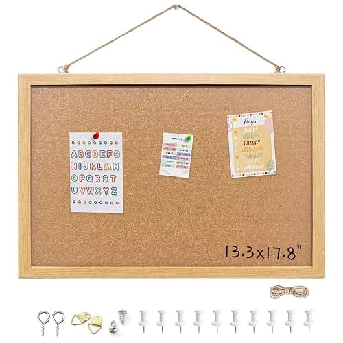 Yunihome Cork Bulletin Board, 13.3x17.8 Inches Hanging Cork Board Wooden Framed with Pins for Wall, Dorm Room, Office, Home Decor – Natural Cork & Black Frame - Image 1
