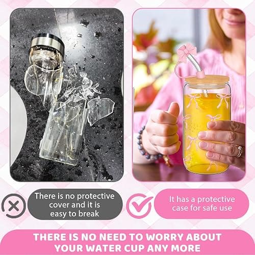 Mrltau 16 Oz Rosa Schleife Deko Glas Mit Deckel Und Strohhalm Und Bechermanschette, Iced Coffee Cup Aesthetic Stuff Clean Girl, Aesthetic Gläser Gift for Women, Summer Must Haves for Teen Girls thumbnail 5