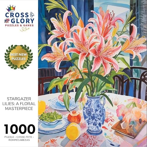 Cross & Glory - Stargazer Lilies: A Floral Masterpiece - 1000 Piece Jigsaw Puzzle for Adults | Best New Floral Artwork Puzzle | Unique Brain Teaser thumbnail 2