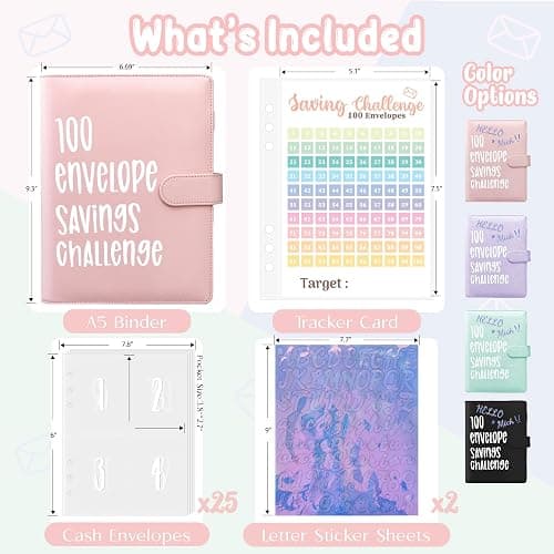 100 Envelopes Saving Challenge Binder, A5 Money Saving Budget Binder with 100 Cash Envelope | Savings Challenges Save $5,050 (Pink) thumbnail 2
