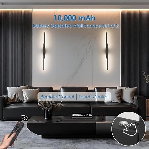 Aipsun Black Wall Sconces Set of Two Battery Operated Wall Sconces 3000K-6000K Dimmable LED Wireless Wall Lights for Living Room,Bedroom,10,000mAh,23.6Inch (2 Pack) thumbnail 4