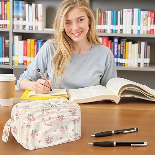 WOBAGMEN Cute Pencil Case for Girls,Large Corduroy Zippered Pencil Case Pouch, aesthetic Pencil Bag with Compartments, Soft Pencil Pouch School Supplies for Teen Girls Boys and Women(pink floral) thumbnail 8