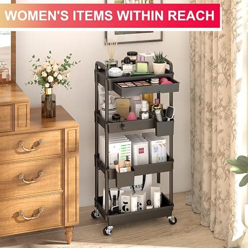 Goovilla 4 Tier Rolling Utility Cart Organizer with Removable Drawer, Stable and Sturdy Black Rolling Storage Carts with 2 Lockable Wheels for Bathroom, Kitchen, Snack, Craft, Makeup, Baby Essentials thumbnail 5