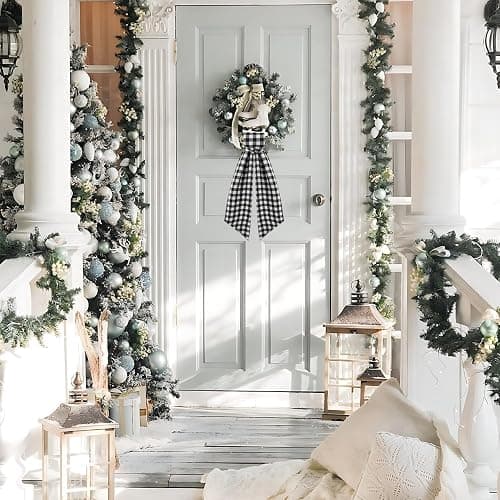 2 Pack Wreath Sash for Front Door Boxwood Wreath Sash Garland Front Door Porch Decor(White and Black Plaid) thumbnail 4