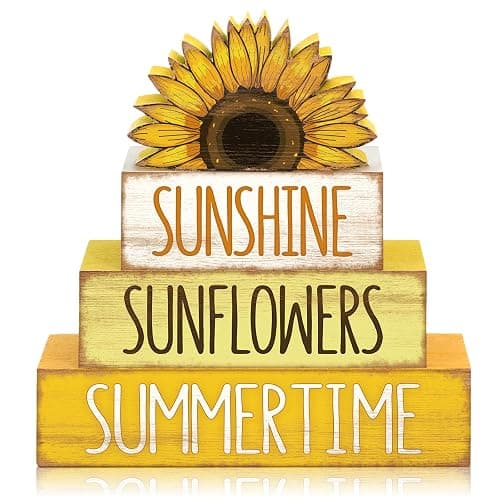 Burbell 4 Pcs Sunflower Table Decorations Wooden Tiered Tray Table Decor | Rustic Wood Blocks for Tiered Tray, Farmhouse Sunflower Decorations for Home Office, Smooth Polished Finish - Image 1