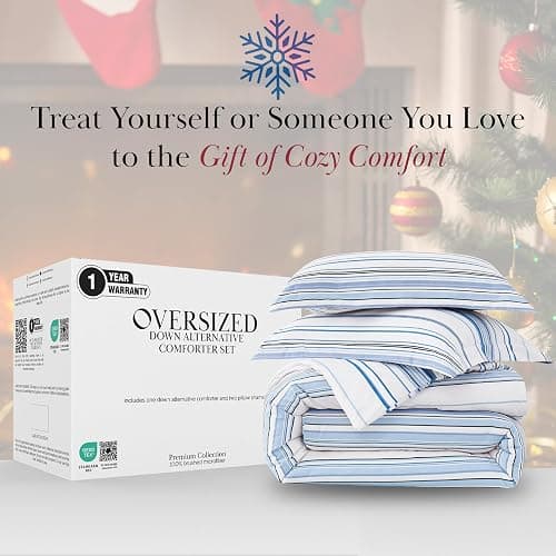Southshore Fine Living, Inc. 3-Piece Striped Comforter Queen Set, Down Alternative Coastal Comforter Full Size with 2 Pillow Shams, Microfiber Bedding Set, Full or Queen Bed, Coastal Stripes Blue thumbnail 4