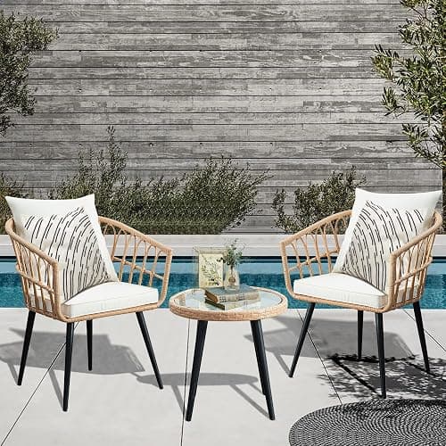 PORWEY 3 Piece Patio Bistro Set, Outdoor Wicker Apartment Balcony Furniture Sets, Rattan Table and Chairs Set of 2 for Porch Backyard Lawn Poolside Deck, Beige thumbnail 2