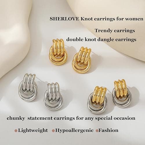 SHERLOVE Trendy Gold Plated Knot Earrings for Women Chunky Statement Drop Dangle Earrings Lightweight Hypoallergenic Fashion Accessories Gold Jewelry Gifts for Womens thumbnail 5