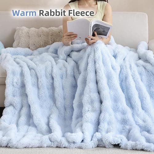 Smoofy Faux Fur Throw Blanket for Couch - Light Blue Super Soft Cozy Bubble Blanket, Fluffy Plush Fuzzy Throw for Sofa & Bed, Thick Lightweight Warm Blanket, Luxury Aesthetic Gift for Women 50"x60" thumbnail 5
