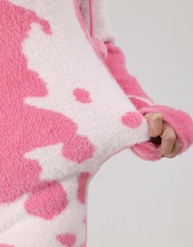 Mobbunny Women's Fuzzy Knit Sweater Pajamas Pink Cow Print Jumpsuit Fluffy Hooded Romper Bodysuit Onesies Pajamas Adult - Large - Pink thumbnail 5