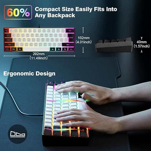 Snpurdiri 60% Wired Gaming Keyboard, 61 Keys RGB Backlit Ultra-Compact Small Gaming Keyboard, for PC/Mac Gamer, Typist, Travel, Easy to Carry on Business Trip(Black-White) - Black and White thumbnail 5