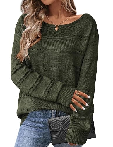 Zeagoo Womens Sweaters Cute Long Sleeve Off The Shoulder Pullover Tops Hollow Out Crochet Dressy Casual Outfits - Image 1