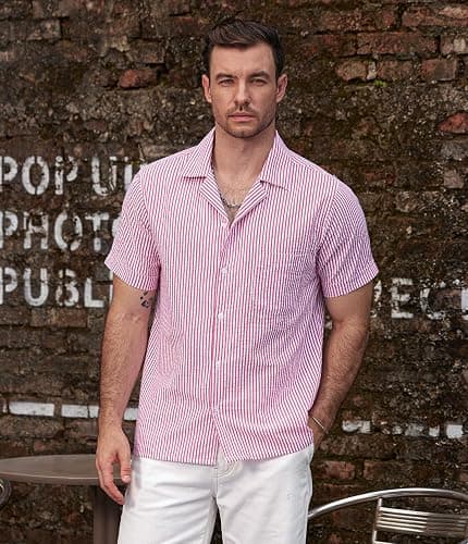 VATPAVE Mens Striped Summer Shirt Casual Button Down Short Sleeve Beach Shirts Cotton Shirts for Men thumbnail 2