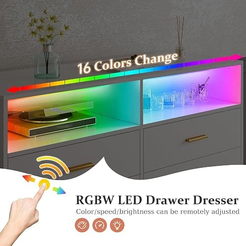 EnHomee White Dresser with LED Lights, 6 Drawers & 2 Open Shelves Top Dresser for Bedroom, Wood Chests of Drawers thumbnail 6