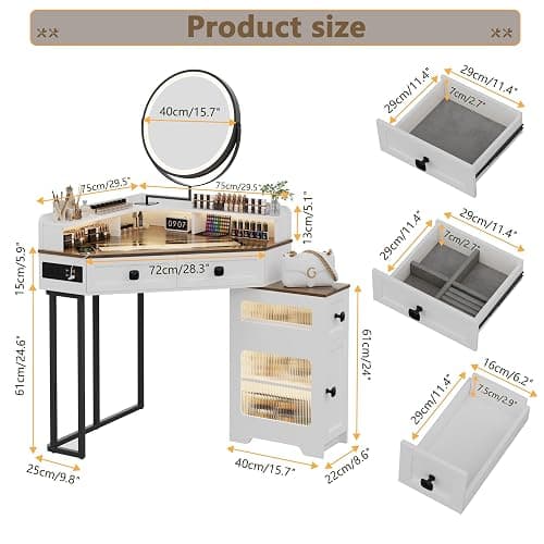 FREDEES Corner Vanity with Mirror and Lights,Modern Makeup Vanity Set with Charging Station for Bedroom/Cloakroom,Glass Top Vanity Table with Drawers and Shelves,White thumbnail 2