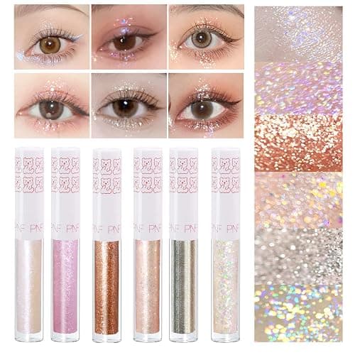 6Pcs Liquid Glitter Eyeshadow Eyeliner, Korean Makeup, Bling Under Eye Shadow, Shimmer Eye Make Up Valentine's Gift Set,Long Lasting,Quick Drying & Pigmented Loose Glitter Glue for Crystals Makeup - Image 1