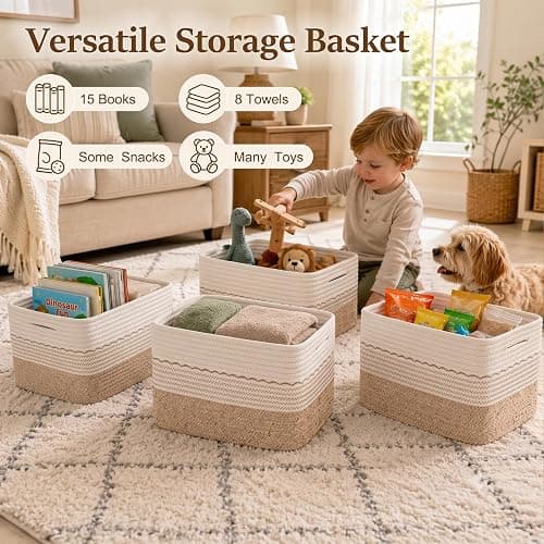 OIASKET 4 Pack Storage Baskets for Organizing, 13"X9"X7.87", Decorative Cotton Rope Baskets for Shelves, Small Woven Basket for Toys, Books and Towels, Brown & White thumbnail 4