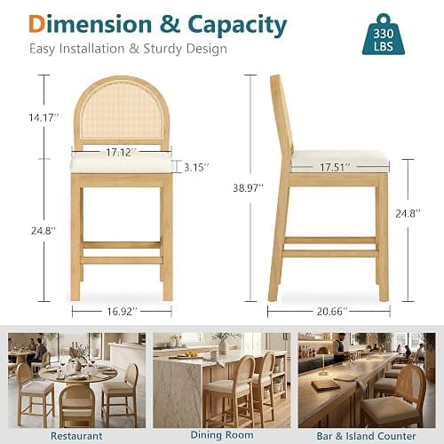 STHOUYN Upholstered Rattan Bar Stools Set of 4, Wooden Counter Height Stools with Natural Rattan Woven Back and Chenille Seat, Mid-Century Modern Island Chairs Barstools for Kitchen (4, Cream White) thumbnail 2