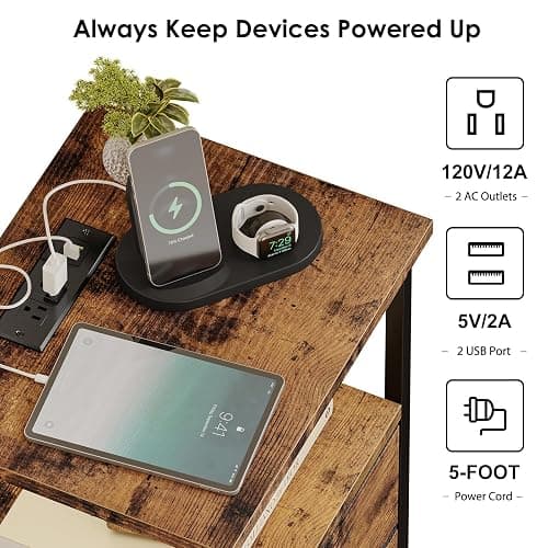 Fixwal Night Stand with Charging Station, 2 Fabric Drawers, Rustic Brown | built-in bedside charger, 2 AC outlets & 2 usb ports, 2 wooden shelves, end table with storage, bedroom, living room thumbnail 4